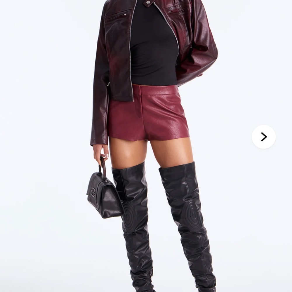 Maroon mini leather shorts